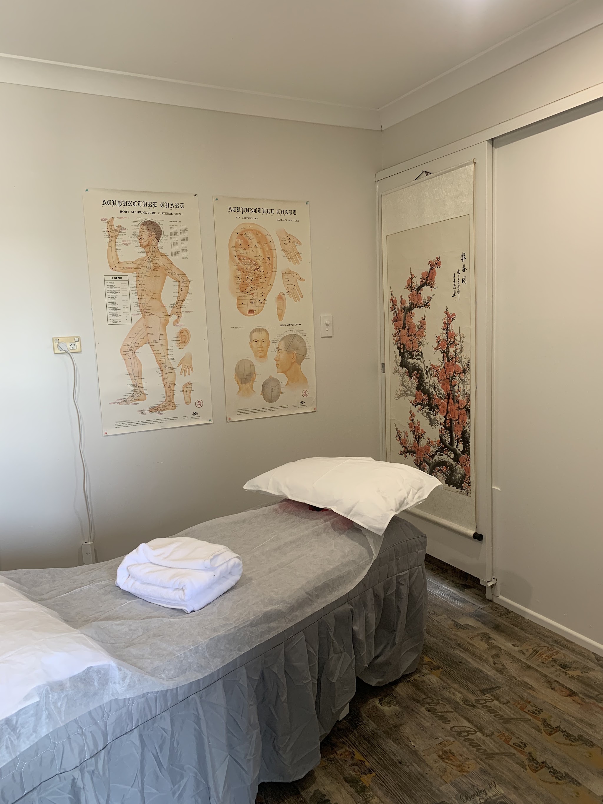 A treatment room with body, ear and head acupuncture charts and a made up treatment table